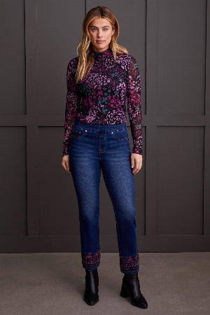 TRIBAL Jeans pull on jambe brodée
