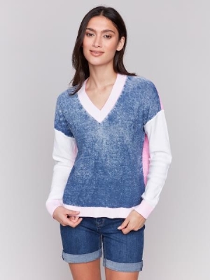 CHARLIE B Chandail col en V C-Denim et blanc et rose