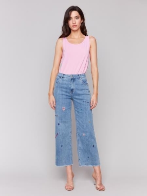 CHARLIE B Jeans à jambes évasées brodées C-Bleu moyen