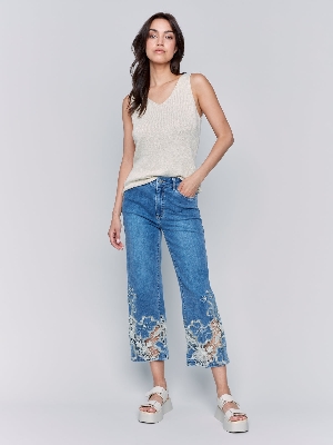 CHARLIE B Jeans avec dentelle coupée au laser à l'ourlet C-Bleu moyen