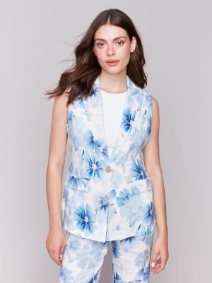CHARLIE B Veste de lin sans manche imprimé 'Céleste' C-Bleu