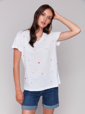 CHARLIE B T-Shirt à col en V imprimé 'Coeurs' C-Blanc