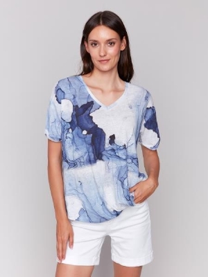 CHARLIE B T-Shirt imprimé à devant torsadé C- Encre et blanc