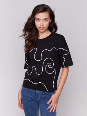 CHARLIE B T-Shirt d avec galon décoratif C-Noir