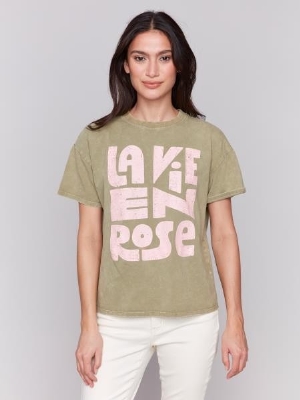 CHARLIE B T-Shirt imprimé 'La vie en rose' C-Céladon