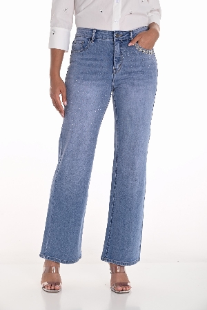 FRANK LYMAN Jeans à jambes droites ornée de brillants C- BLeu