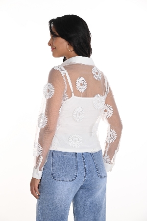 FRANK LYMAN Chemisier de tulle à fleurs brodées C-Blanc