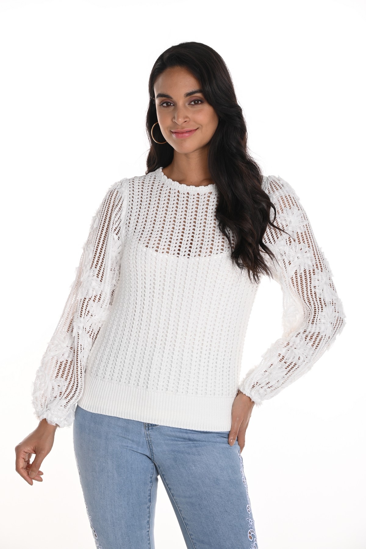 FRANK LYMAN Tricot de mailles à appliqués floraux C-Blanc