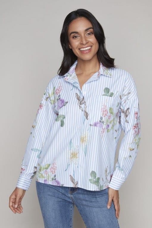 CARRÉ NOIR Chemisier rayé à imprimé floral C-Bleu Taille M