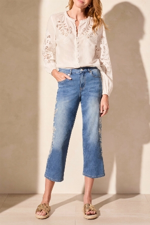 TRIBAL Jeans à jambes droites brodées sur le côté C- Bleu délavé