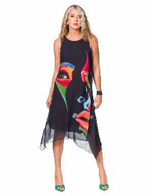 MINKAS Robe avec voile imprimé superposé sur modèle classique C-Noir