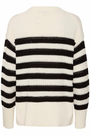 FRANSA Chandail à rayure de tricot ajouré C-Crème Taille M