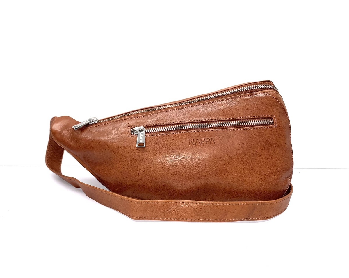 NAPPA Sac à bandoulière style 'Banane' en cuir véritable C-Brandy