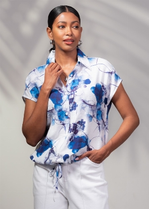 ALISON SHERI Chemisier sans manche imprimé floral C- Blanc et bleu