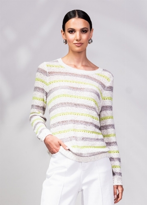 ALISON SHERI Pull de tricot léger à rayures C- Blanc et lime