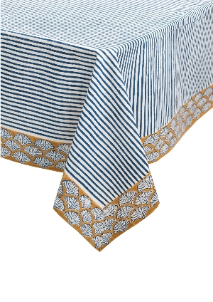 ADV Nappe rayée marine et blanc et impression de ginkgo au bas
