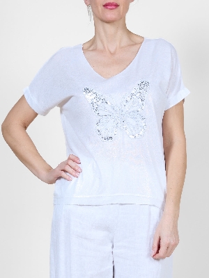 AMBRA T-Shirt avec papillon de paillettes et broderie C-Blanc
