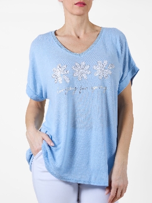 AMBRA T-Shirt avec imprimé de fleurs pailletées C-Bleu