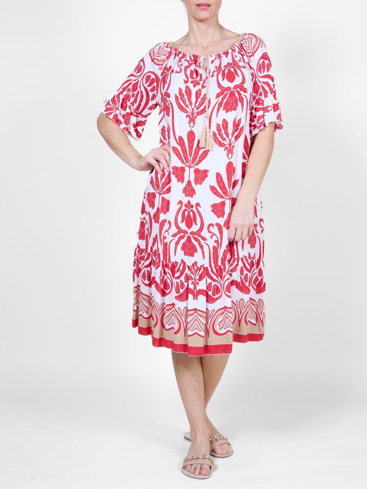 AMBRA Robe de style paysanne à imprimé floral  C-Rouge