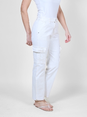 ANGELA MARA Jeans cargo à effet métalisé doré C- Ivoire