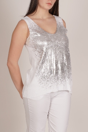 ANGELA MARA Camisole de tricot à effet métallisé devant C- Blanc