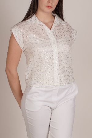 ANGELA MARA Blouse de broderie anglaise  C- Blanc et argent