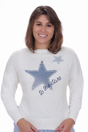 NESS Chandail avec appliqués d'étoiles en denim C- Crème