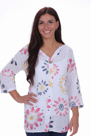 NESS Blouse à manches 3/4 et imprimé floral C- Blanc