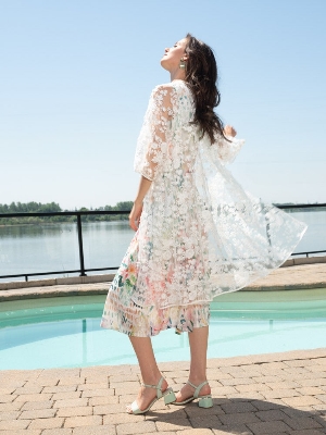 ALISON SHERI Longue veste transparente avec fleurs opaques C-Blanc Taille M