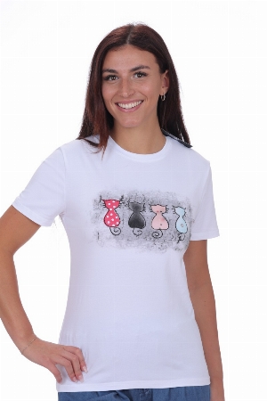 NESS T-Shirt à imprimé de Chats ornés de paillettes C-Blanc