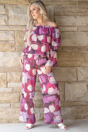 VALZÈRE Pantalon de voile imprimé abstrait C- Rose multi