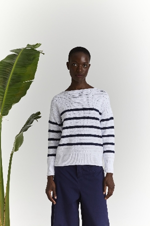 MARINA V Tricot de coton léger à rayures marines C-Blanc