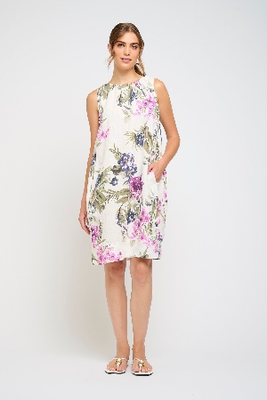PISTACHE Robe avec fronces au col imprimé floral C-Blanc