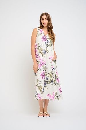 PISTACHE Robe longue sans manche imprimé floral C-Blanc