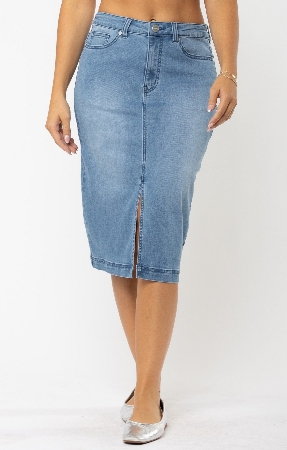 CARRELI Jupe de jeans longue avec fente devant C- Bleu