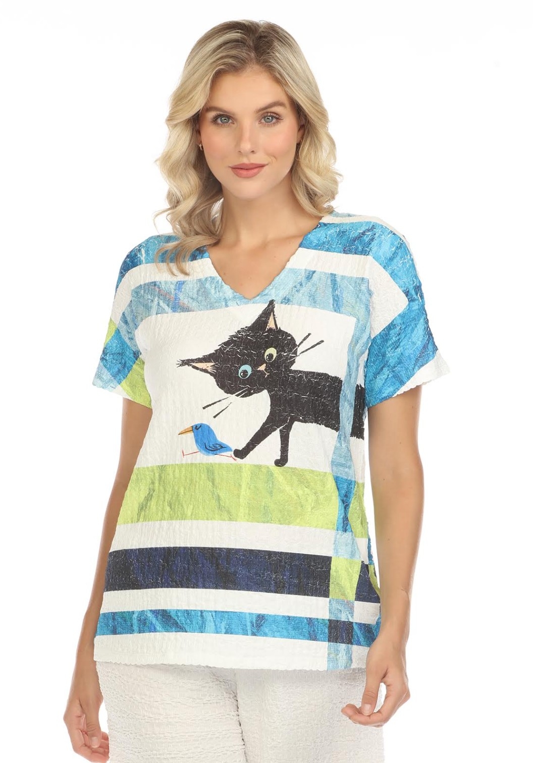 INOAH T-Shirt de tissu gaufré imprimé Chat