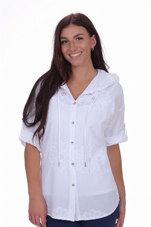 NESS Blouse à capuchon et broderie anglaise C-Blanc