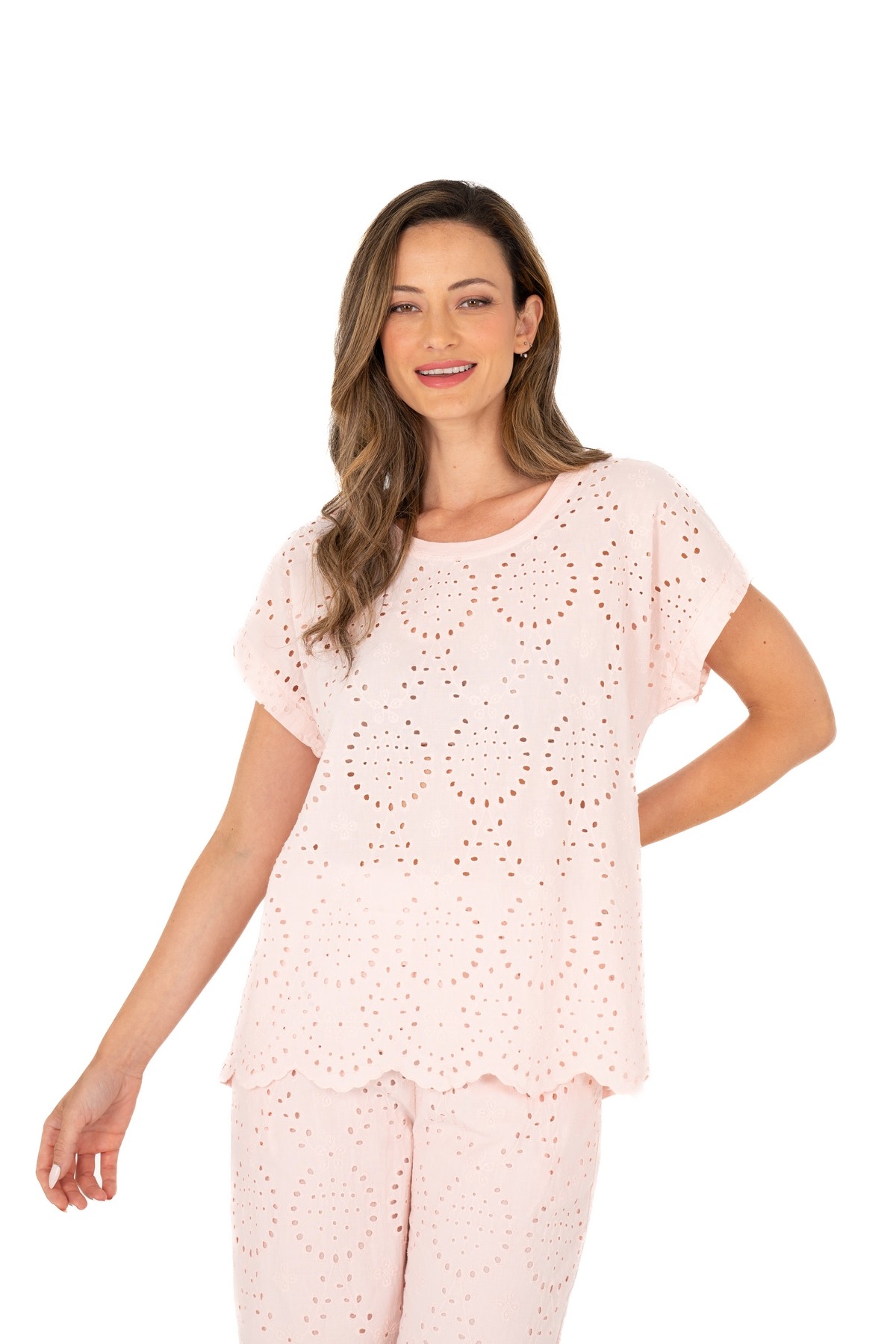 M ITALY Chandail à devant en broderie anglaise C-Blanc