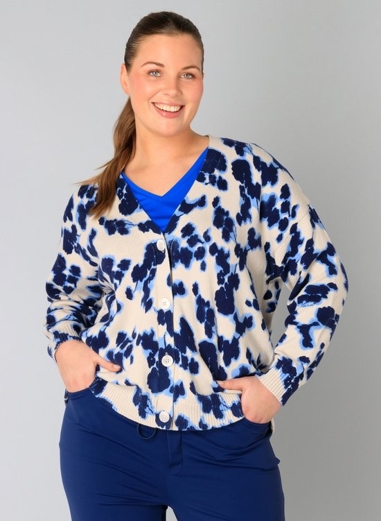 YESTA Cardigan à col en V imprimé marine C- Blanc