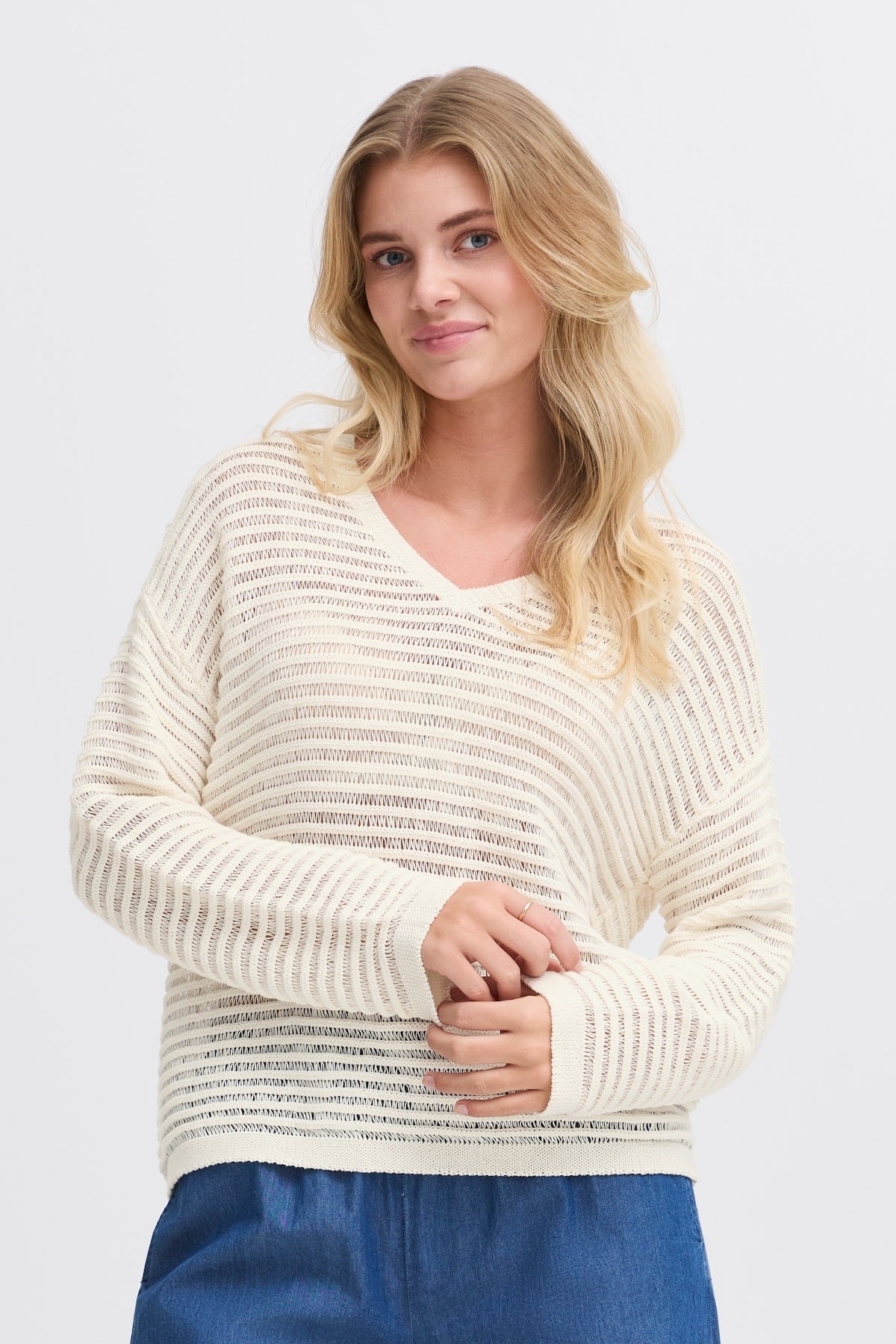 FRANSA Tricot léger à motif de rayures ajourées C-Blanc crème