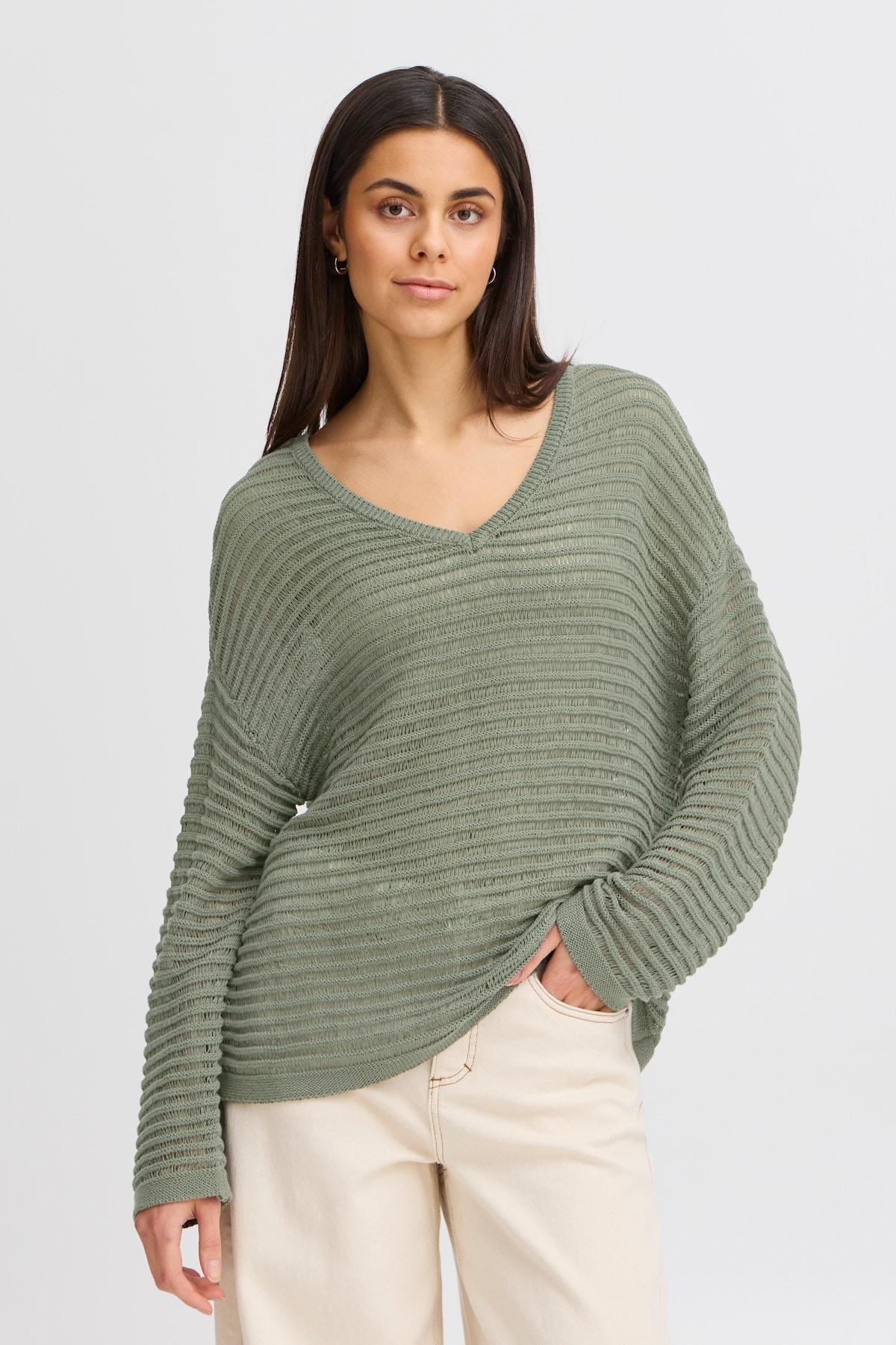 FRANSA Tricot léger à motif de rayures ajourées C-Vert