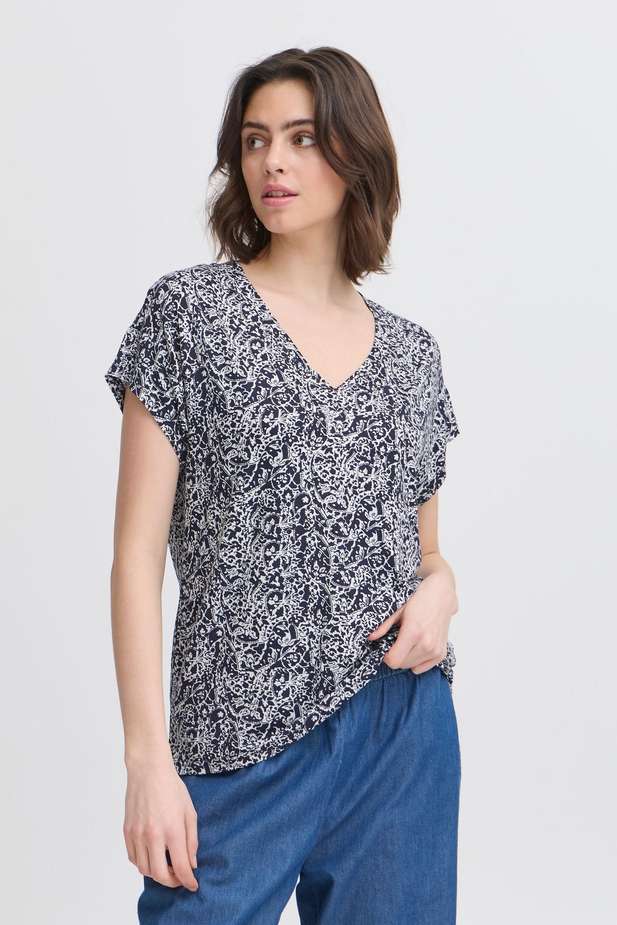FRANSA Haut à manches courtes imprimé C- Marine Taille XL