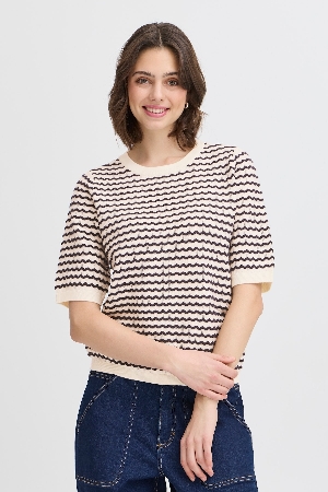 FRANSA Chandail de tricot léger ajouré à motif zig zag C-Crème