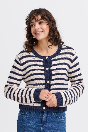 FRANSA Cardigan à de tricot à rayures C- Marine et crème