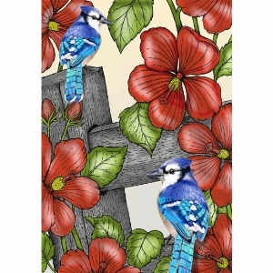 LUCIES.CA Petit drapeau 12X18po Thème: Geais bleus sur la clôture