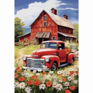 LUCIES.CA Grand drapeau 28x40po Thème: Camion rouge et grange