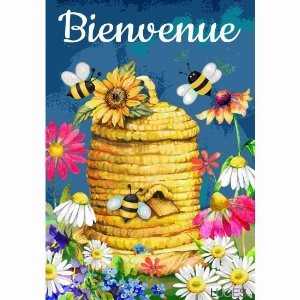 LUCIES.CA Petit drapeau 12X18po Thème: Ruche et fleurs colorées