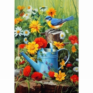 LUCIES.CA Grand drapeau 28X40po Thème: Merle bleu dans le jardin