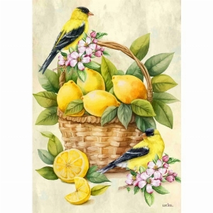 LUCIES.CA Grand drapeau 28X 40po Thème: Citrons et chardonnerets