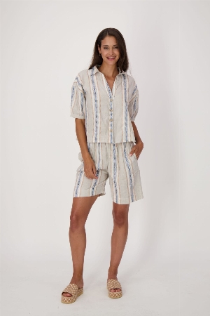 GABBY ISABELLA Short pull on rayé en lin et coton C- Beige